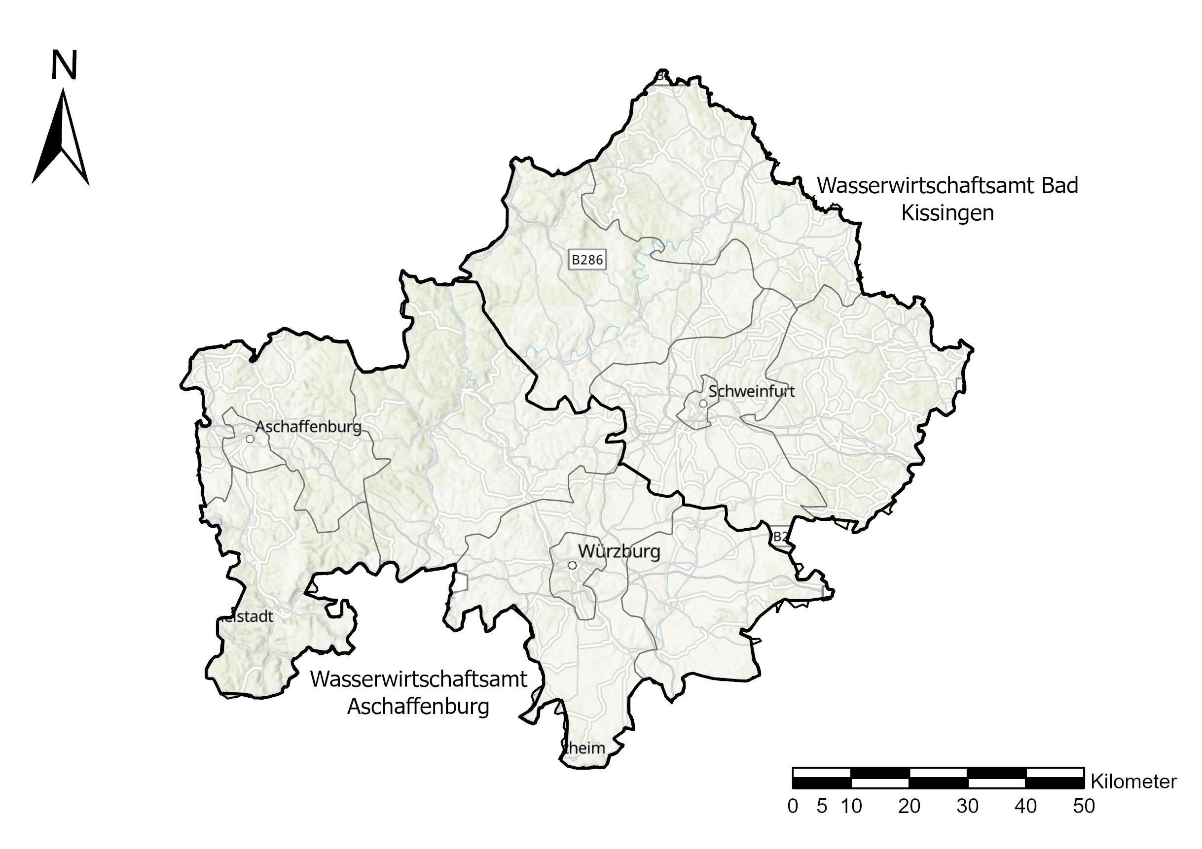 Zu sehen ist eine Karte Unterfrankens, aufgeteilt in die Zuständigkeitsbereiche der beiden Wasserwirtschaftsämter (links Aschaffenburg, rechts Bad Kissingen)