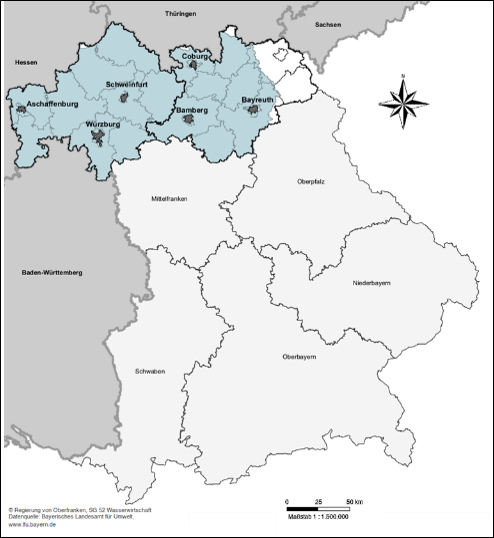 Die Karte zeigt Bayern und seine Regierungsbezirke. Eigenzeichnet ist das Projektgebiet in Ober- und Unterfranken.